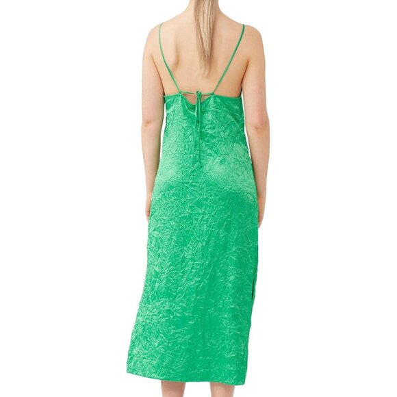Ganni Crinkled Satin Slip Dress In Bright Green - Picture 2 of 4